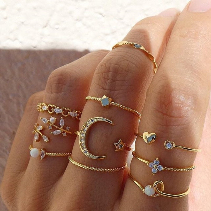 Set di 10 anelli boho in argento e oro