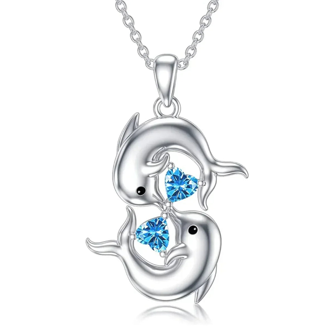 Collana in Argento con Doppio Delfino e Cristallo Blu