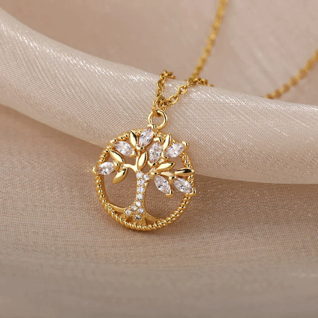 Collana con ciondolo Albero della Vita in oro con cristalli